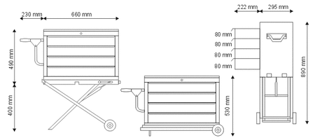 N-1-09-02 Szafka narzędziowa z 4 szufladami na składanym podwoziu - POWYSTAWOWA