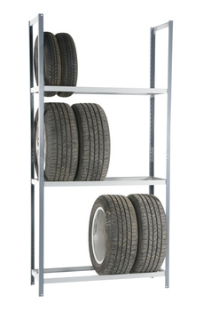 Regał na opony 1200 mm, wysokość 2400 mm, półki 300 kg, stalowy