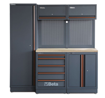 Zestaw mebli warsztatowych 1960 mm z szafą jednodrzwiową, blat inox, system C45PRO 2.0 – Beta C45PRO2.0/BX