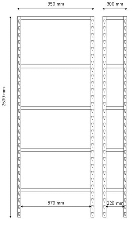 Regał magazynowy 2500x950x300 - 5 półkowy lekki R-1-05-02