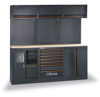 Zestaw mebli warsztatowych 2040 mm, 3 moduły i szafki wiszące, blat inox, system C45PRO 2.0 – Beta C45PRO2.0/AX