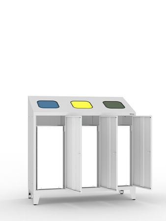Pojemnik do segregacji odpadów MPO 03k, 3 wrzutnie, 3 kosze 70 l, 1220×1200×450 mm, jasnoszary RAL 7035 – Malow