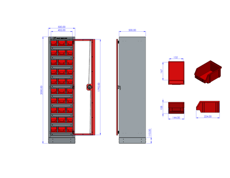 M-3-02-07-P3 Szafa Warsztatowa z pojemnikami P3 i przeszklonymi drzwiami