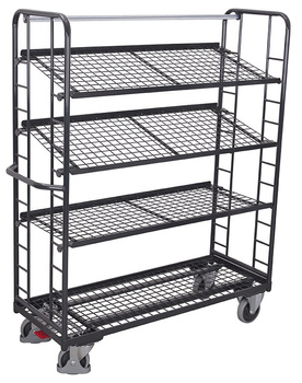 Wózek piętrowy z 4 półkami z siatki, RAL 7016 VARIOfit sw-540.212/AG