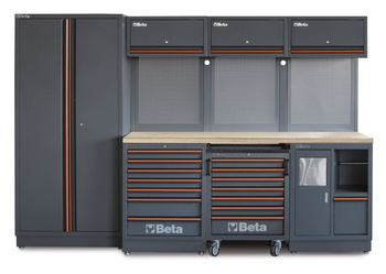 Zestaw mebli warsztatowych 2955 mm z szafą dwudrzwiową, blat inox, system C45PRO 2.0 – Beta C45PRO2.0/X