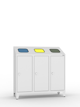 Pojemnik do segregacji odpadów MPO 03k, 3 wrzutnie, 3 kosze 70 l, 1220×1200×450 mm, jasnoszary RAL 7035 – Malow