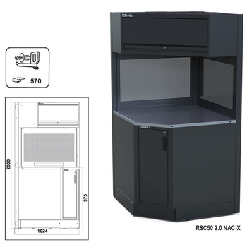 Narożnik warsztatowy wolnostojący z szafką, blat inox 964 mm, system RSC50 2.0 – Beta RSC50/2.0/NAC-X