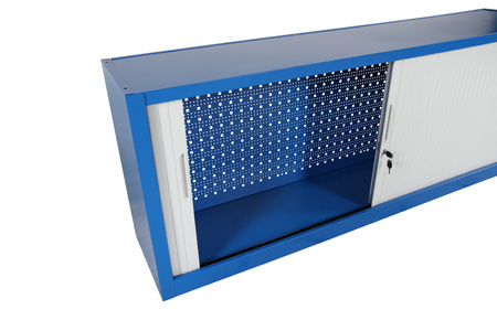 Steel tool cabinet with roller shutter doors, for workshop and warehouse