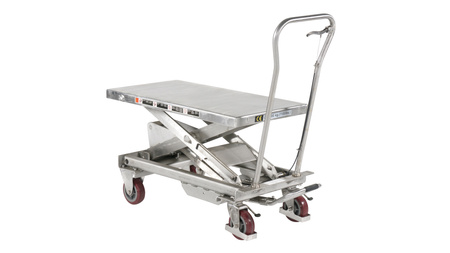 Stainless steel scissor trolley with foot pump 500 kg, polyurethane wheels – BSS50