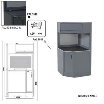 Narożnik warsztatowy wolnostojący z szafką, blat PCV 964 mm, antracyt RAL 7016, system RSC50 2.0 – Beta RSC50/2.0/NAC-A