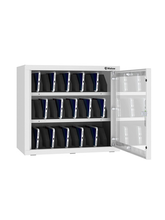 Szafka na telefony SKA 30, depozyt na 30 smartfonów, drzwi z plexi, 400×450×250 mm, jasnoszara RAL 7035 – Malow