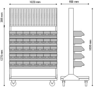 Stojak z kratownicą i 5 listwami na 35 pojemników P3 (jednostronny) P-5-01-02