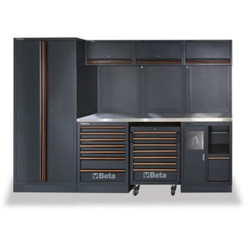 Zestaw mebli warsztatowych 2955 mm z szafą dwudrzwiową, blat 46 cm, system C45PRO – Beta C45PRO/X