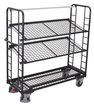 Wózek piętrowy z 3 półkami z siatki, RAL 7016 VARIOfit sw-640.225/AG